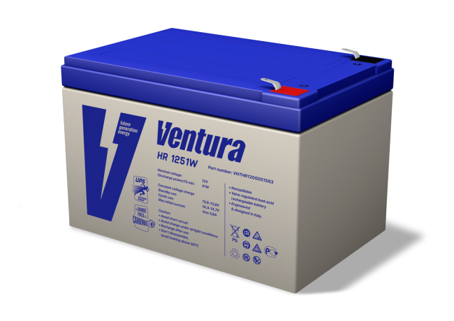 Батарея Ventura серия HR, HR1251W, напряжение 12 В, емкость 12Ач (разряд 20 часов), макс. ток заряда 4А, макс. ток разряда (5 сек.) 195А, свинцово-кислотная типа AGM, клеммы Т2, ДШВ 151x98x101мм, вес 3.57кг Ventura HR 1251W Батарея Ventura серия HR, HR1251W, напряжение 12 В, емкость 12Ач (разряд 20 часов), макс. ток заряда 4А, макс. ток разряда (5 сек.) 195А, свинцово-кислотная типа AGM, клеммы Т2, ДШВ 151x98x101мм, вес 3.57кг Ventura HR 1251W