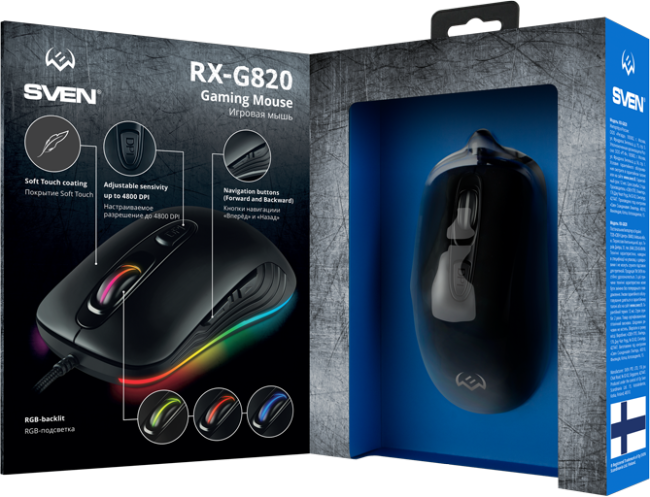 Игровая мышь SVEN RX-G820 (6+1кл. 200-4800 DPI. ПО. SoftTouch. RGB-подсветка. игров. упак) Sven RX-G820