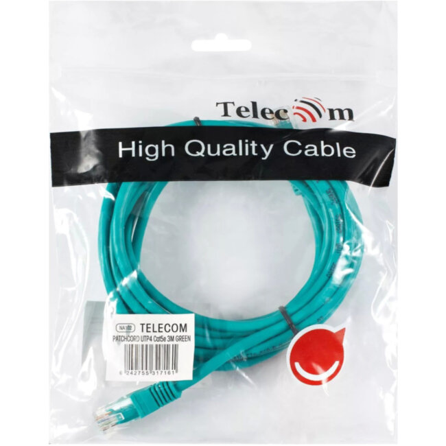 Патчкорд литой "Telecom" UTP кат.5е 3,0м зеленый VCOM NA102-G-3M