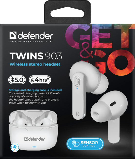 Defender Беспроводная гарнитура Twins 903 белый,TWS, Bluetooth Defender Twins 903