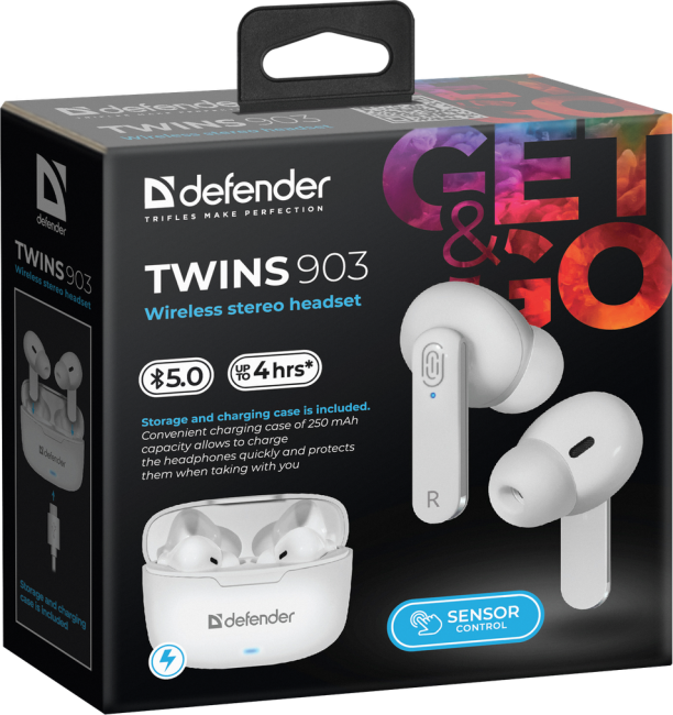 Defender Беспроводная гарнитура Twins 903 белый,TWS, Bluetooth Defender Twins 903