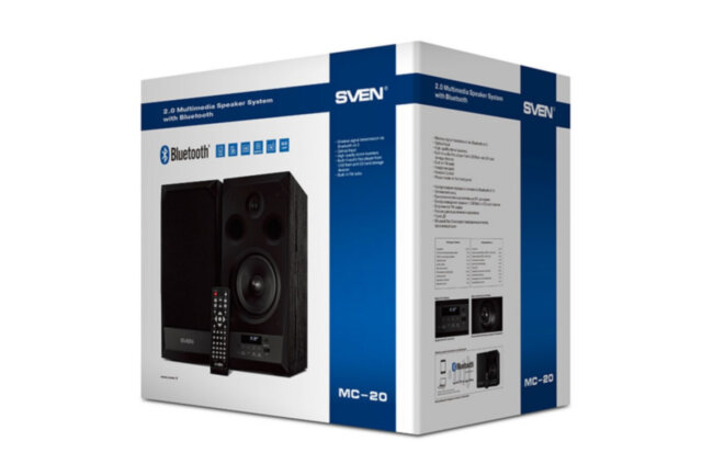 SVEN MC-20, чёрный, акустическая система 2.0, мощность 2x45Вт (RMS), FM-тюнер, USB/microSD, дисплей, пульт ДУ, Bluetooth, Optical SVEN MC-20