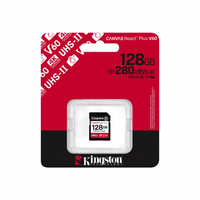 Карта памяти  Kingston 128GB SDXC Canvas React Plus UHS-II 280R/100W U3 V60 Kingston SDR2V6/128GB