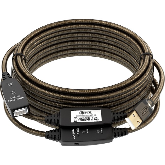 GCR Удлинитель активный 25.0m USB 2.0 AM/AF, GOLD, черно-прозрачный, с 3-мя усилителями сигнала Premium, разъём для доп.питания, 24/22 AWG Greenconnect GCR-53809