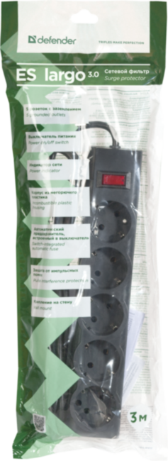 Сетевой фильтр Defender ES largo 3,0 м, черный, 5 розеток (пакет) Defender ES largo (3 м, 5 розеток)