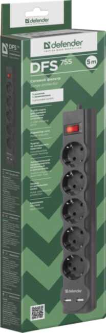 Сетевой фильтр Defender DFS 755 5,0 м, 5 розеток, 2xUSB, 2.1A Defender DFS 755 (5 м, 5 розеток)