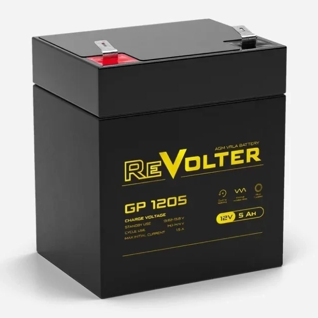 Батарея REVOLTER серия GP, REVOLTER GP 1205, напряжение 12В, емкость 5.6Ач (разряд 20 часов), макс. ток разряда (5 сек.) 50А, макс. ток заряда 1.5А, свинцово-кислотная типа AGM, клеммы F2, ДxШxВ 90х70х102мм., вес 1.5кг., срок службы 7 лет. REVOLTER GP 12 Батарея REVOLTER серия GP, REVOLTER GP 1205, напряжение 12В, емкость 5.6Ач (разряд 20 часов), макс. ток разряда (5 сек.) 50А, макс. ток заряда 1.5А, свинцово-кислотная типа AGM, клеммы F2, ДxШxВ 90х70х102мм., вес 1.5кг., срок службы 7 лет. REVOLTER GP 12