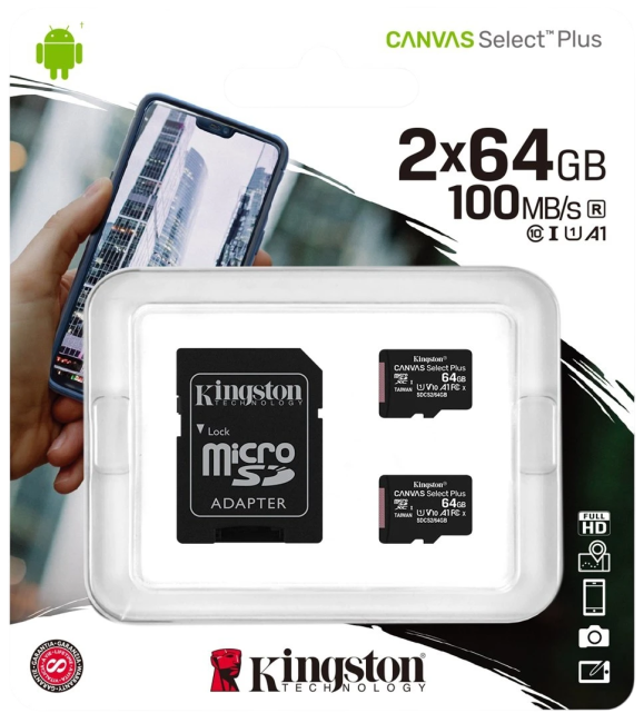 Карта памяти Kingston 64GB micro SDHC Canvas Plus 100R A1 C10 Two Pack + Single ADP Kingston SDCS2/64GB-2P1A Карта памяти Kingston 64GB micro SDHC Canvas Plus 100R A1 C10 Two Pack + Single ADP Kingston SDCS2/64GB-2P1A