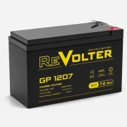 Батарея REVOLTER серия GP, REVOLTER GP 1207, напряжение 12В, емкость 8.2Ач (разряд 20 часов), макс. ток разряда (5 сек.) 120А, макс. ток заряда 2.16А, свинцово-кислотная типа AGM, клеммы F2, ДxШxВ 150х65х94мм., вес 2.23кг., срок службы 7 лет. REVOLTER GP Батарея REVOLTER серия GP, REVOLTER GP 1207, напряжение 12В, емкость 8.2Ач (разряд 20 часов), макс. ток разряда (5 сек.) 120А, макс. ток заряда 2.16А, свинцово-кислотная типа AGM, клеммы F2, ДxШxВ 150х65х94мм., вес 2.23кг., срок службы 7 лет. REVOLTER GP