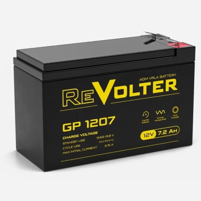 Батарея REVOLTER серия GP, REVOLTER GP 1207, напряжение 12В, емкость 8.2Ач (разряд 20 часов), макс. ток разряда (5 сек.) 120А, макс. ток заряда 2.16А, свинцово-кислотная типа AGM, клеммы F2, ДxШxВ 150х65х94мм., вес 2.23кг., срок службы 7 лет. REVOLTER GP Батарея REVOLTER серия GP, REVOLTER GP 1207, напряжение 12В, емкость 8.2Ач (разряд 20 часов), макс. ток разряда (5 сек.) 120А, макс. ток заряда 2.16А, свинцово-кислотная типа AGM, клеммы F2, ДxШxВ 150х65х94мм., вес 2.23кг., срок службы 7 лет. REVOLTER GP