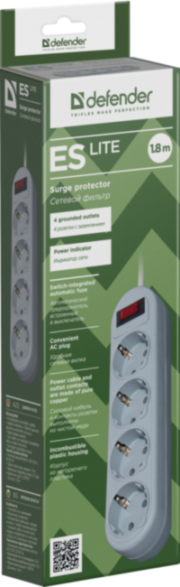 Сетевой фильтр Defender ES Lite 1.8 1,8 м, 4 розетки Defender ES 1.8 Lite (1.8 м, 4 розетки)
