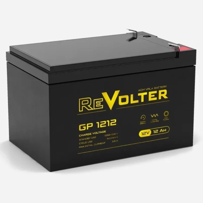 Батарея REVOLTER серия GP, REVOLTER GP 1212, напряжение 12В, емкость 14Ач (разряд 20 часов), макс. ток разряда (5 сек.) 180А, макс. ток заряда 3.6А, свинцово-кислотная типа AGM, клеммы F2, ДxШxВ 151х98х95мм., вес 4.02 кг., срок службы 7 лет. REVOLTER GP Батарея REVOLTER серия GP, REVOLTER GP 1212, напряжение 12В, емкость 14Ач (разряд 20 часов), макс. ток разряда (5 сек.) 180А, макс. ток заряда 3.6А, свинцово-кислотная типа AGM, клеммы F2, ДxШxВ 151х98х95мм., вес 4.02 кг., срок службы 7 лет. REVOLTER GP