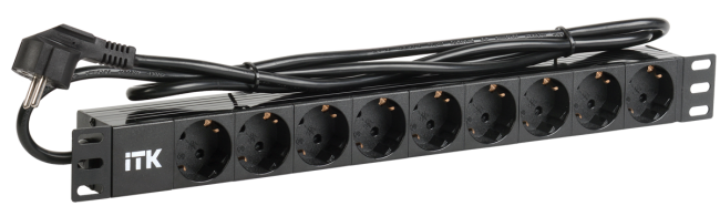 PDU 9 розеток DIN49440 (нем. cтанд.) 1U, шнур 2м вилка DIN49441 (нем. станд.), профиль из ПВХ, черный ITK PH22-9D1-P
