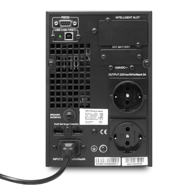 ИБП POWERMAN Online 1000, LCD, двойного преобразования, 1000ВА, 900Вт, 2 евророзетки с резервным питанием, USB, RS232, слот SNMP, разъем EPO, батарея 12В 9Ач 2 шт., 215 х 315 х 365 мм., 10.7 кг. Powerman Online 1000 ИБП POWERMAN Online 1000, LCD, двойного преобразования, 1000ВА, 900Вт, 2 евророзетки с резервным питанием, USB, RS232, слот SNMP, разъем EPO, батарея 12В 9Ач 2 шт., 215 х 315 х 365 мм., 10.7 кг. Powerman Online 1000