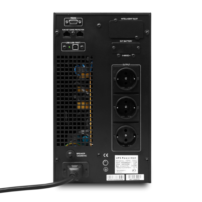 ИБП POWERMAN Online 3000, LCD, двойного преобразования, 3000ВА, 2700Вт, 3 евророзетки с резервным питанием, USB, RS232, слот SNMP, разъем EPO, батарея 12В 9Ач 6 шт., 285 х 445 х 570 мм., 28.6 кг. Powerman Online 3000