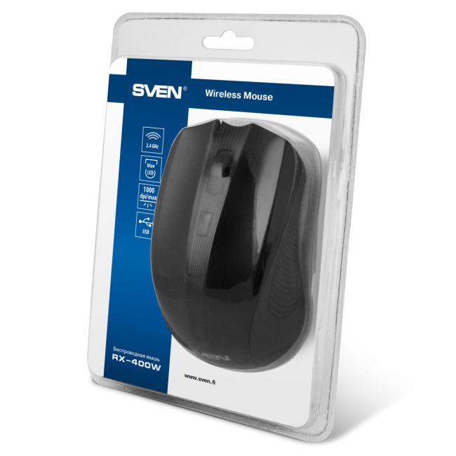 Беспроводная мышь SVEN RX-400W чёрная (3+1кл. 600/1000/1400DPI, блист) Sven SV-014674