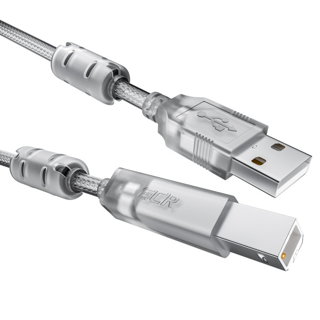 GCR Кабель PROF 2.0m USB 2.0, AM/BM, прозрачный, ферритовые кольца, 28/24 AWG, экран, армированный, морозостойкий, GCR-52425 Greenconnect USB 2.0 Type-AM - USB 2.0 Type-BM 2м