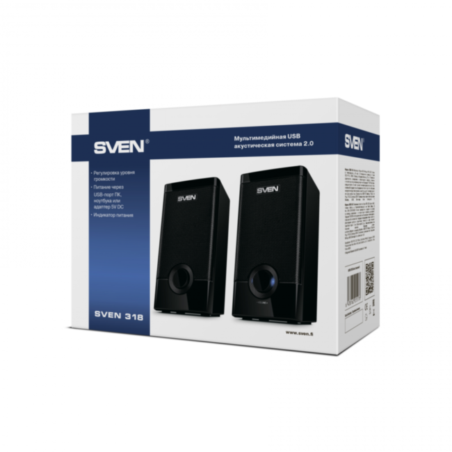 Колонки пластиковые SVEN 318, чёрный, акустическая система 2.0 (USB, мощность 2x2.5 Вт(RMS)), черный SVEN 318