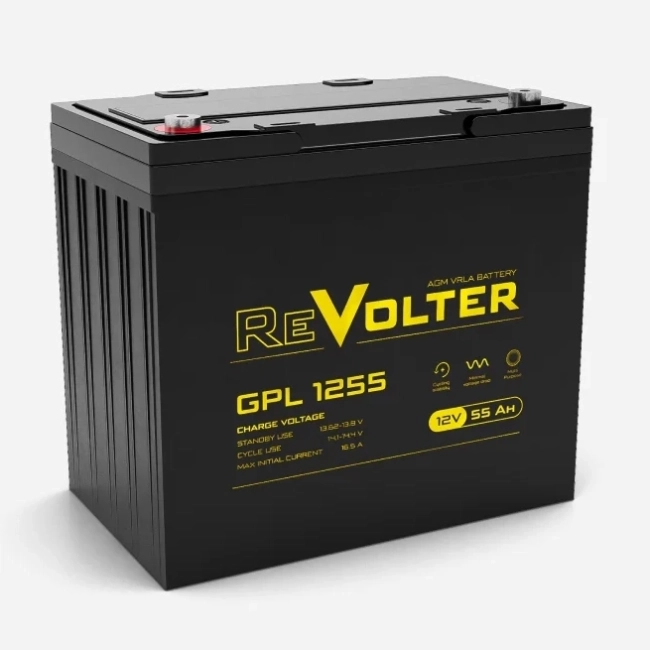 Батарея REVOLTER серия GPL, REVOLTER GPL 1255, напряжение 12В, емкость 55.6Ач (разряд 10 часов), макс. ток разряда (5 сек.) 550А, макс. ток заряда 16.5А, свинцово-кислотная типа AGM, клеммы под болт М6, ДxШxВ 230х140х207мм., вес 17кг., срок службы 10 лет Батарея REVOLTER серия GPL, REVOLTER GPL 1255, напряжение 12В, емкость 55.6Ач (разряд 10 часов), макс. ток разряда (5 сек.) 550А, макс. ток заряда 16.5А, свинцово-кислотная типа AGM, клеммы под болт М6, ДxШxВ 230х140х207мм., вес 17кг., срок службы 10 лет