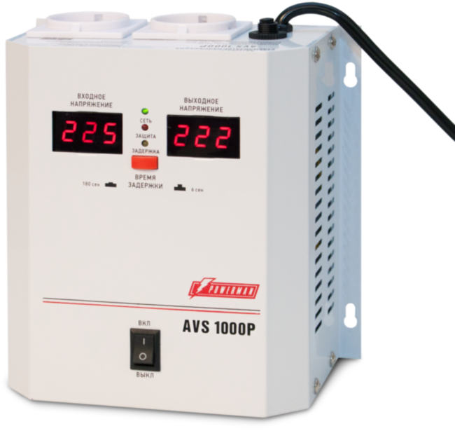 Стабилизатор POWERMAN AVS 1000P, ступенчатый регулятор, цифровые индикаторы уровней напряжения, 1000ВА, 110-260В, максимальный входной ток 7А, 2 евророзетки, IP-20, навесной,  185мм х 170мм х 100мм, 3.5 кг. POWERMAN AVS 1000P