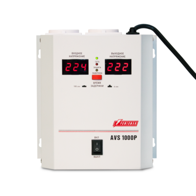 Стабилизатор POWERMAN AVS 1000P, ступенчатый регулятор, цифровые индикаторы уровней напряжения, 1000ВА, 110-260В, максимальный входной ток 7А, 2 евророзетки, IP-20, навесной, 185мм х 170мм х 100мм, 3.5 кг. POWERMAN AVS 1000P Стабилизатор POWERMAN AVS 1000P, ступенчатый регулятор, цифровые индикаторы уровней напряжения, 1000ВА, 110-260В, максимальный входной ток 7А, 2 евророзетки, IP-20, навесной, 185мм х 170мм х 100мм, 3.5 кг. POWERMAN AVS 1000P