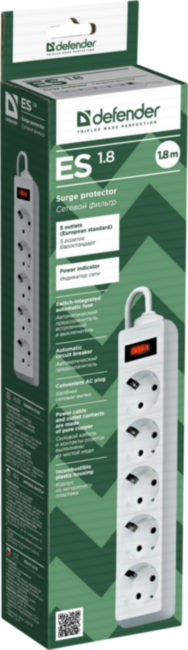 Сетевой фильтр Defender ES 1.8 1,8 м, белый, 5 розеток Defender ES 1.8 (1.8 м, 5 розеток)
