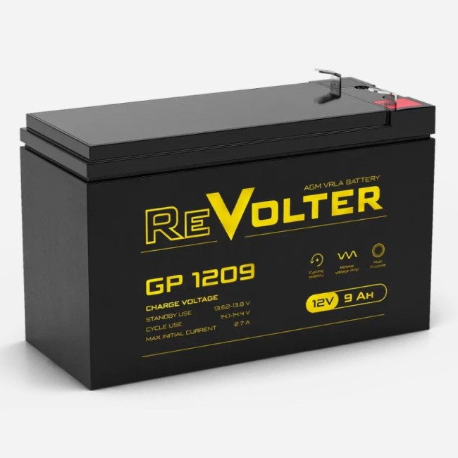 Батарея REVOLTER серия GP, REVOLTER GP 1209, напряжение 12В, емкость 9Ач (разряд 20 часов), макс. ток разряда (5 сек.) 120А, макс. ток заряда 2.25А, свинцово-кислотная типа AGM, клеммы F2, ДxШxВ 151х65х94мм., вес 2.65кг., срок службы 7 лет. REVOLTER GP 1 Батарея REVOLTER серия GP, REVOLTER GP 1209, напряжение 12В, емкость 9Ач (разряд 20 часов), макс. ток разряда (5 сек.) 120А, макс. ток заряда 2.25А, свинцово-кислотная типа AGM, клеммы F2, ДxШxВ 151х65х94мм., вес 2.65кг., срок службы 7 лет. REVOLTER GP 1