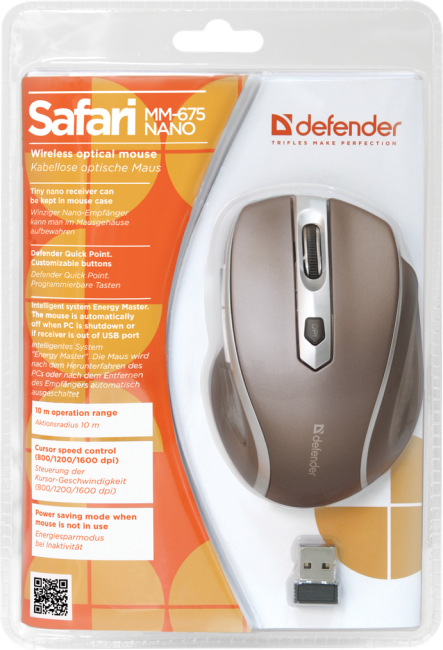 Defender Беспроводная оптическая мышь Safari MM-675 коричневый,6кнопок,800-1600dpi USB Defender Safari MM-675 коричневый