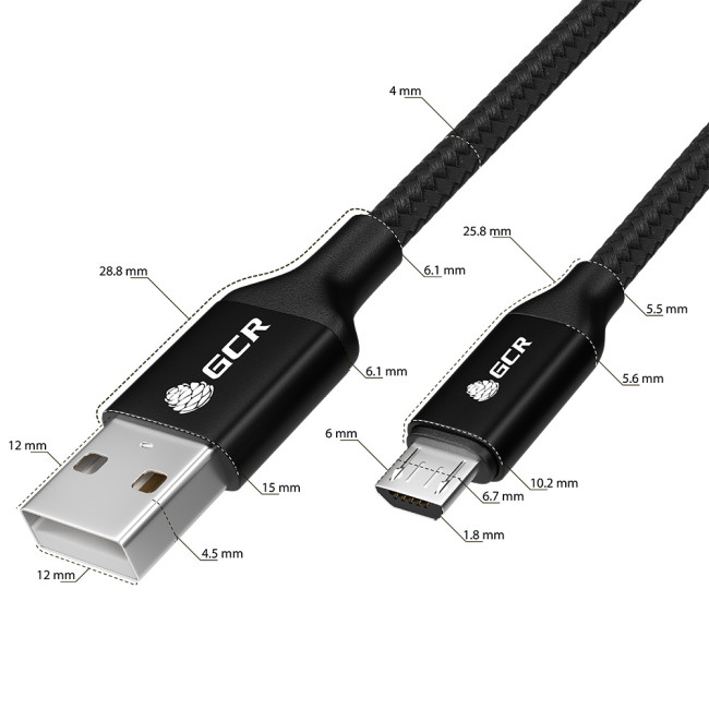 GCR QC Кабель 1.5m MicroUSB, быстрая зарядка, черный нейлон, AL корпус черный, черный ПВХ, 28/24 AWG, GCR-52476 Greenconnect USB 2.0 Type-AM - microUSB 2.0 (m) 1.5м