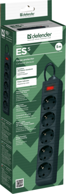 Сетевой фильтр Defender ES 5 5 м, черный, 5 розеток Defender ES 5 Black (5 м, 5 розеток)