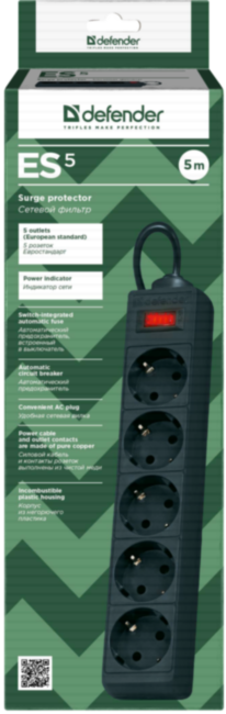 Сетевой фильтр Defender ES 5 5 м, черный, 5 розеток Defender ES 5 Black (5 м, 5 розеток)