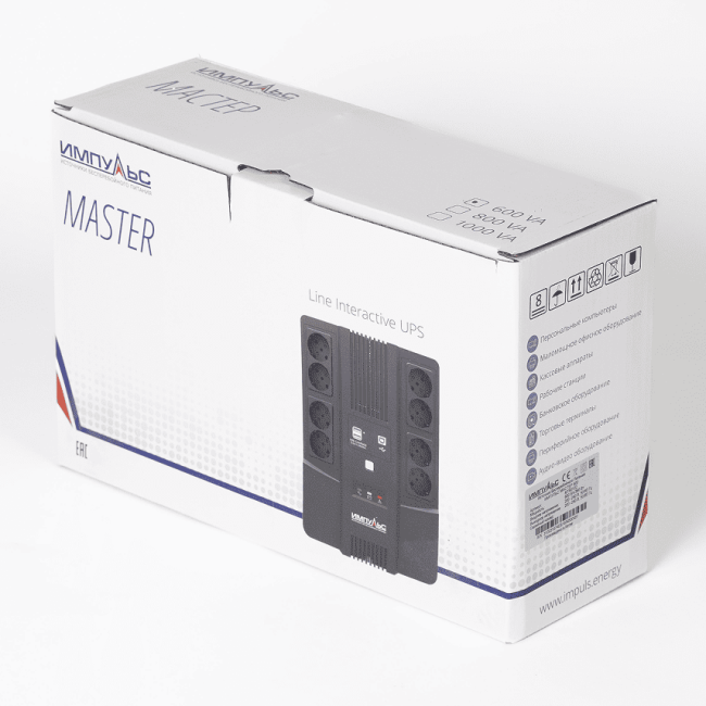 ИБП МАСТЕР 1000, 1000/600 ВА/Вт, LED, USB, RJ11/RJ45, SCHUKOx8 Импульс MT10201 ИБП МАСТЕР 1000, 1000/600 ВА/Вт, LED, USB, RJ11/RJ45, SCHUKOx8 Импульс MT10201