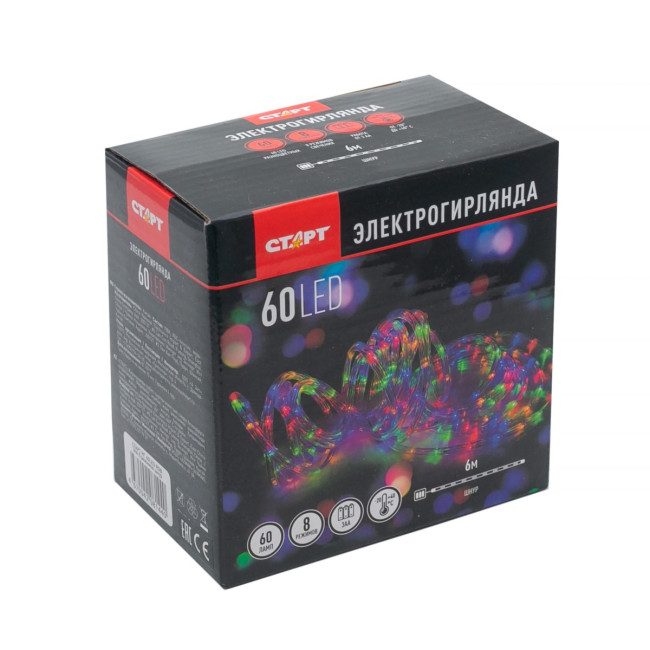 Гирлянда Гирлянда 60LED RGB 3АА, 8 режимов, 6 м, шнур, разноцветная Гирлянда Гирлянда 60LED RGB 3АА, 8 режимов, 6 м, шнур, разноцветная