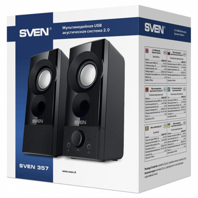 SVEN 357, чёрный, USB, акустическая система 2.0, мощность 2x3 Вт(RMS) SVEN 357 Black SVEN 357, чёрный, USB, акустическая система 2.0, мощность 2x3 Вт(RMS) SVEN 357 Black