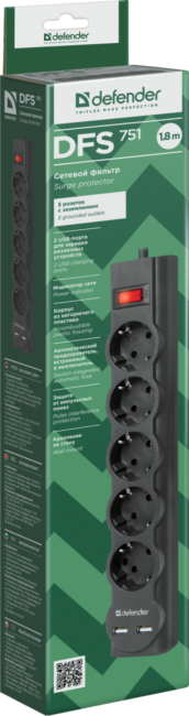 Сетевой фильтр Defender DFS 751 1,8 м, 5 розеток, 2xUSB, 2.1A Defender DFS 751 (1.8 м, 5 розеток) Сетевой фильтр Defender DFS 751 1,8 м, 5 розеток, 2xUSB, 2.1A Defender DFS 751 (1.8 м, 5 розеток)