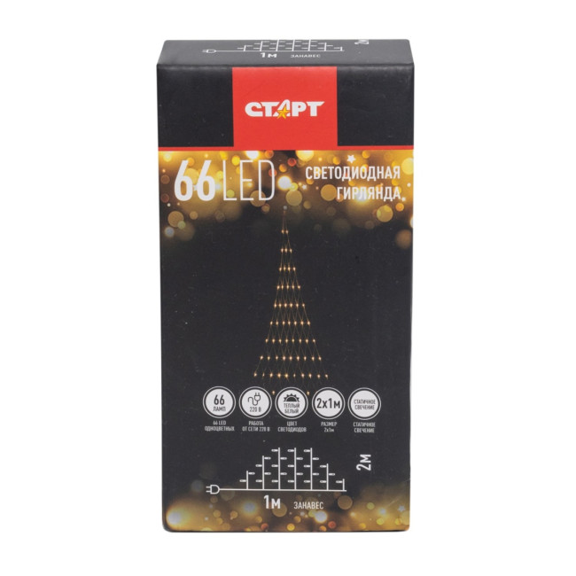 Гирлянда Гирлянда 66LED 220V, 1 режим, 2х1 м, занавес, тёплый белый Гирлянда Гирлянда 66LED 220V, 1 режим, 2х1 м, занавес, тёплый белый