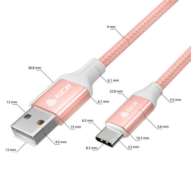 GCR QC Кабель 1.0m, TypeC, быстрая зарядка, розовый нейлон, AL корпус розовый, белый ПВХ, 28/24 AWG, GCR-52509 Greenconnect USB 2.0 Type-AM - USB 2.0 Type-C (m) 1м