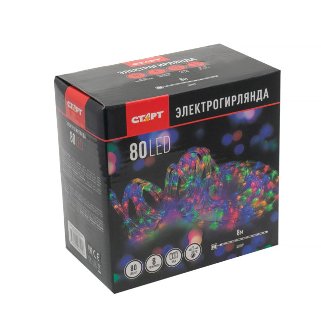 Гирлянда Гирлянда 80LED RGB 3АА, 8 режимов, 8 м, шнур, разноцветная Гирлянда Гирлянда 80LED RGB 3АА, 8 режимов, 8 м, шнур, разноцветная