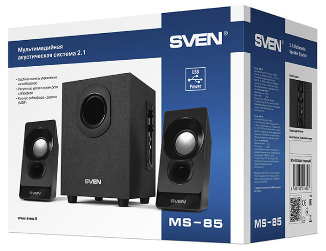 SVEN MS-85, чёрный, акустическая система 2.1, USB, мощность(RMS): 5 Вт + 2x2.5 Вт SVEN MS-85 SVEN MS-85, чёрный, акустическая система 2.1, USB, мощность(RMS): 5 Вт + 2x2.5 Вт SVEN MS-85
