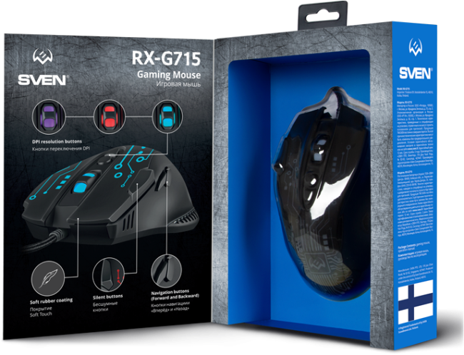 Игровая мышь SVEN RX-G715 (7+1кл., бесш. кл., 1200-3200 DPI, SoftTouch, подсветка, игров. упак) Sven RX-G715