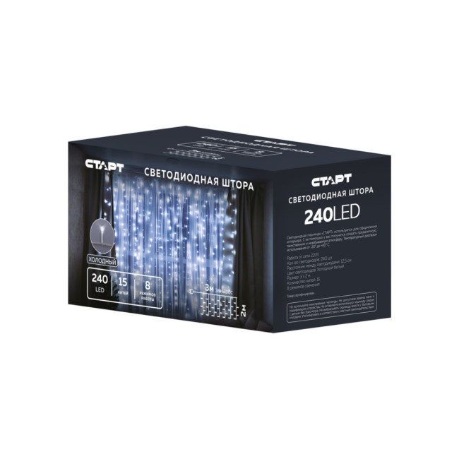 Гирлянда Гирлянда 240LED 220V, 8 режимов, 3х2м, занавес, холодный белый Гирлянда Гирлянда 240LED 220V, 8 режимов, 3х2м, занавес, холодный белый