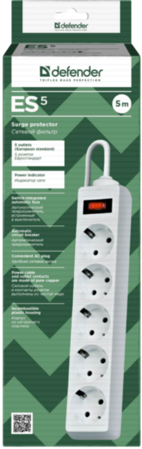 Сетевой фильтр Defender ES 5 5 м, белый, 5 розеток Defender ES 5 White (5 м, 5 розеток) Сетевой фильтр Defender ES 5 5 м, белый, 5 розеток Defender ES 5 White (5 м, 5 розеток)
