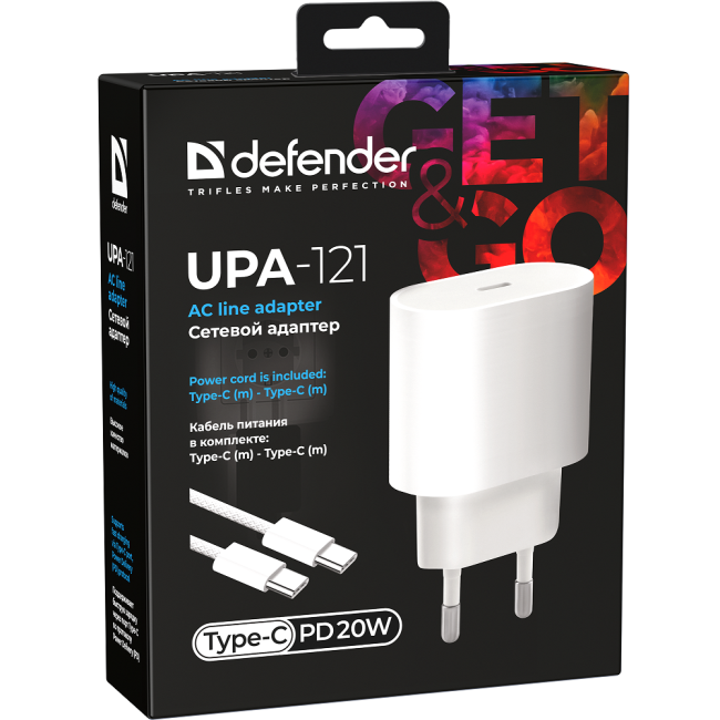Defender Сетевой адаптер UPA-121 20W, USB C,кабель Type-C,белый Defender 83222 Defender Сетевой адаптер UPA-121 20W, USB C,кабель Type-C,белый Defender 83222
