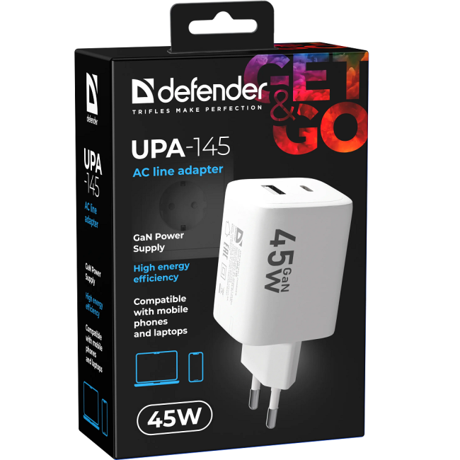 Defender Сетевой адаптер UPA-145 45W, USB A+C, белый Defender 83245