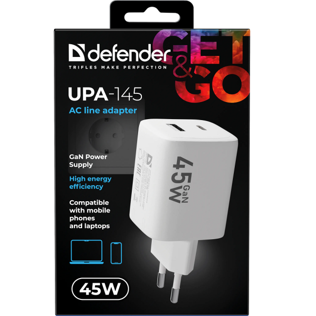 Defender Сетевой адаптер UPA-145 45W, USB A+C, белый Defender 83245