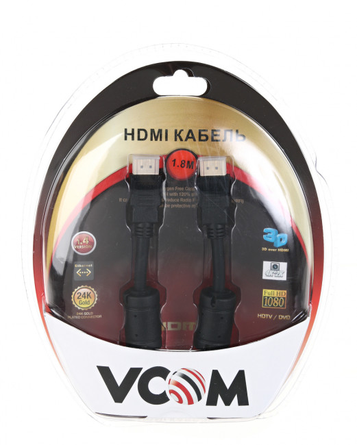 Кабель HDMI 19M/M ver:1.4+3D, 1,8m, 2 фильтра VCOM <VHD6020D-1.8MB> Blister VCOM HDMI (m) - HDMI (m) 1.8м