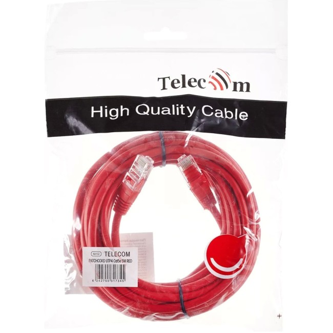 Патчкорд литой "Telecom" UTP кат.5е 5,0м красный VCOM NA102-R-5M