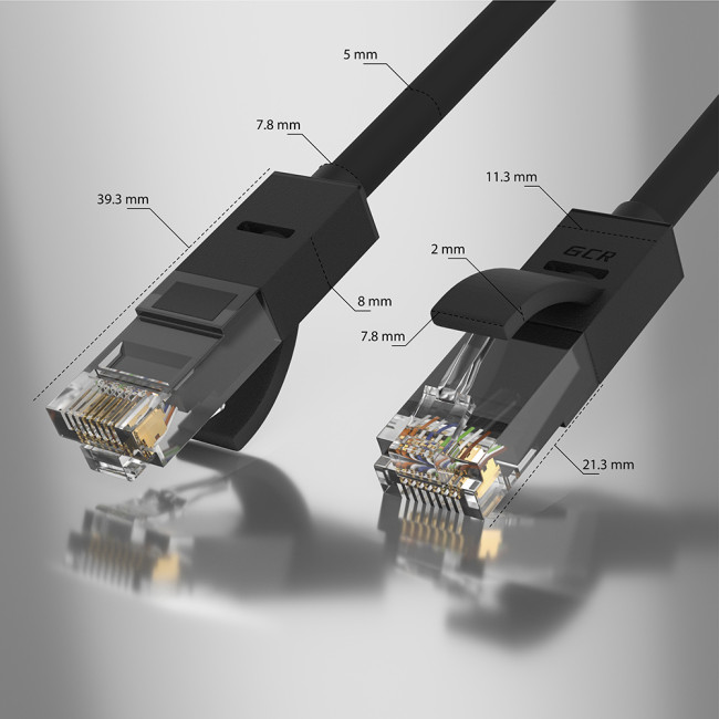 GCR Патч-корд прямой 6.0m UTP кат.5e, черный, позолоченные контакты, 24 AWG, литой, GCR-50997, ethernet high speed 1 Гбит/с, RJ45, T568B Greenconnect RJ45(m) - RJ45(m) Cat. 5e UTP  6м черный