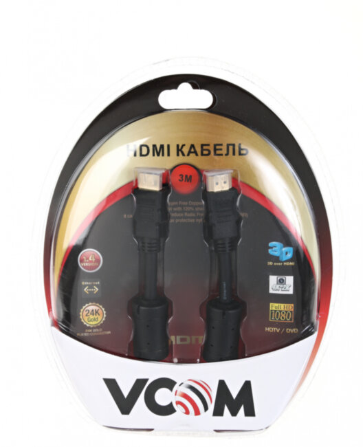 Кабель HDMI 19M/M ver:1.4+3D, 3m, 2 фильтра VCOM <VHD6020D-3MB> Blister VCOM HDMI (m) - HDMI (m) 3м
