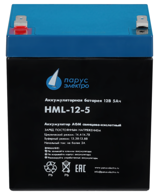 Батарея Парус Электро, профессиональная серия HML-12-5, напряжение 12В, емкость 5.2Ач (разряд 20 часов), макс. ток разряда (5сек) 75А, макс. ток заряда 2А, свинцово-кислотная типа AGM, клеммы F2, ДхШхВ 90х70х101мм., полная высота с клеммами 107мм., вес 1. Батарея Парус Электро, профессиональная серия HML-12-5, напряжение 12В, емкость 5.2Ач (разряд 20 часов), макс. ток разряда (5сек) 75А, макс. ток заряда 2А, свинцово-кислотная типа AGM, клеммы F2, ДхШхВ 90х70х101мм., полная высота с клеммами 107мм., вес 1.